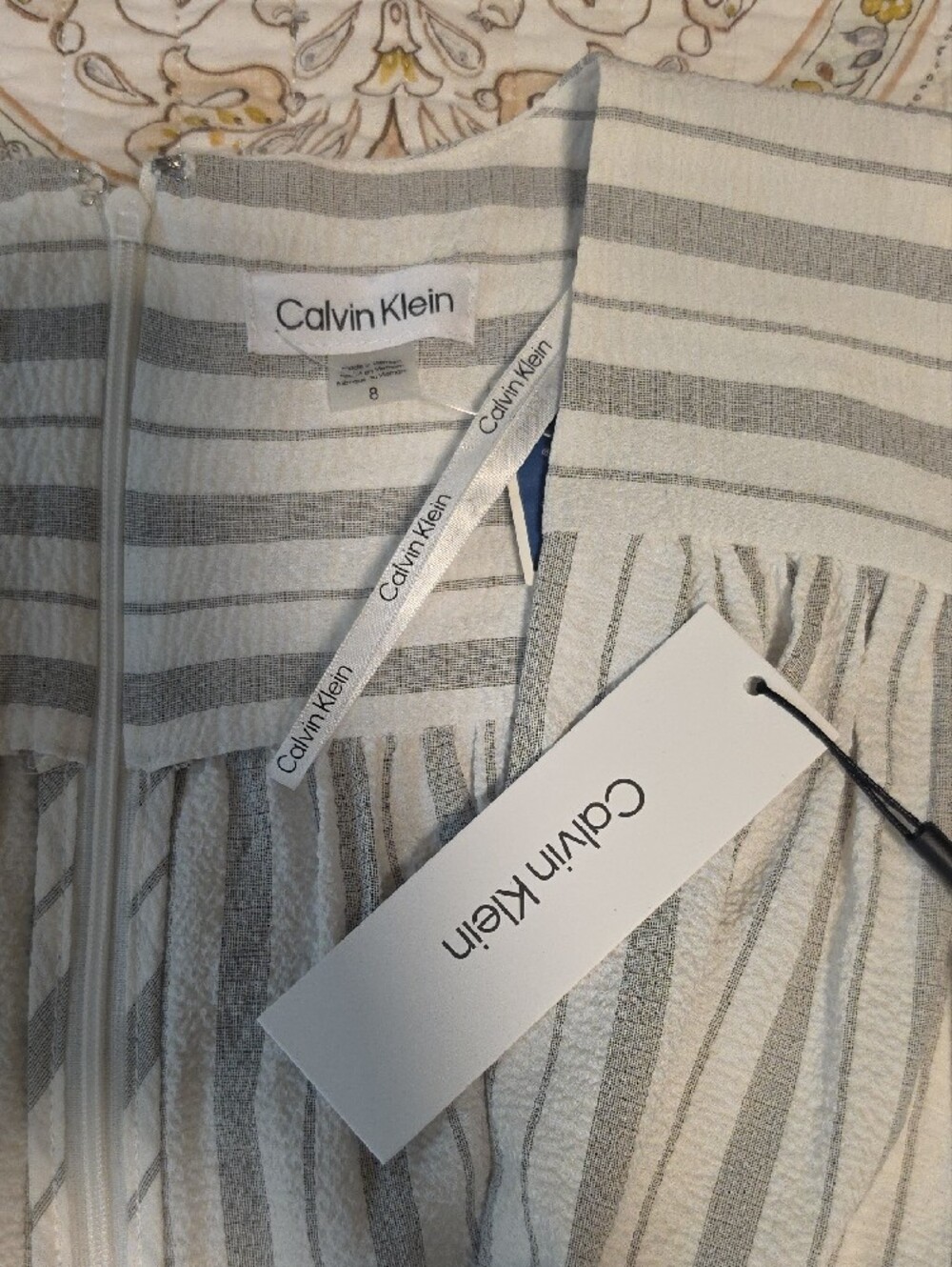 Calvin Klein White and Light Gray Striped Wrap Maxi Dress with Tie Waist - Picture 13 of 16